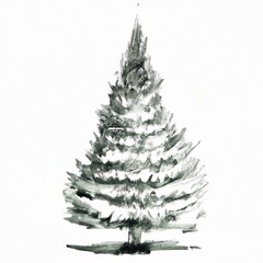 Sketch of a Christmas fir tree on white background.  Water color drawing or painting.  Generative AI illustration 