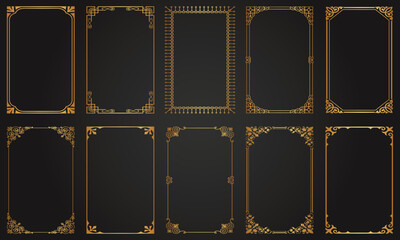 Decorative gold frames. Retro ornamental frame, vintage rectangle ornaments and ornate border. Decorative wedding frames, antique museum picture borders. Isolated icons set