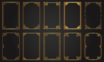 Luxury decorative golden vintage frames and borders. Retro ornamental frame rectangle ornaments. Wedding frames, invitation cards, menu, picture borders, or deco dividers. Isolated icons vector set