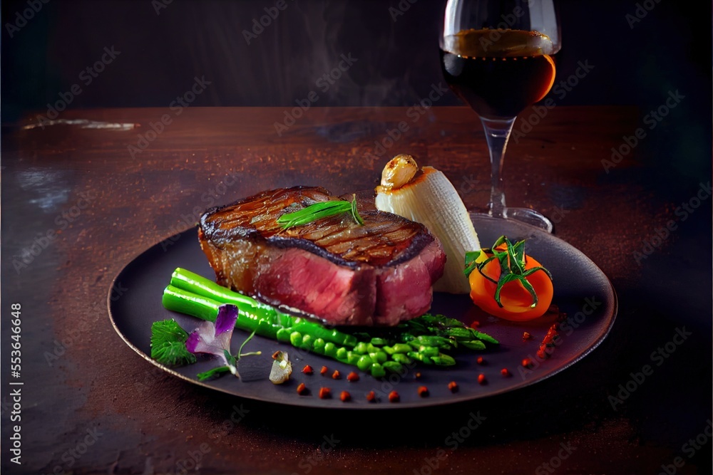 Poster a steak and vegetables on a plate with a glass of wine in the background on a table with a wooden su