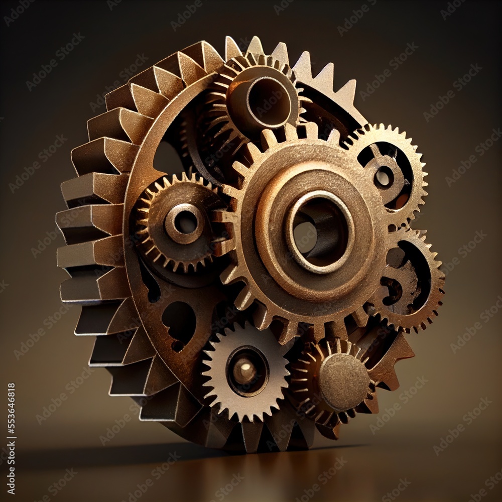 Aufkleber a close up of a metal object with gears on it's sides and a black background with a brown background