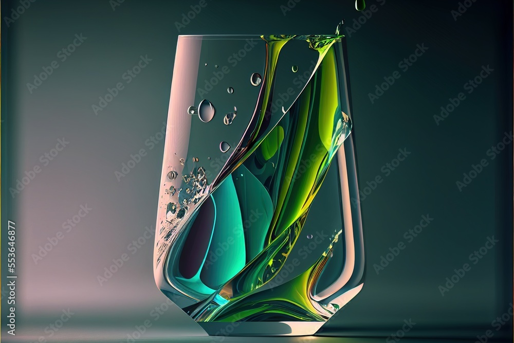 Poster a glass with some liquid inside of it on a table top with a green background and a blue bottom. gene