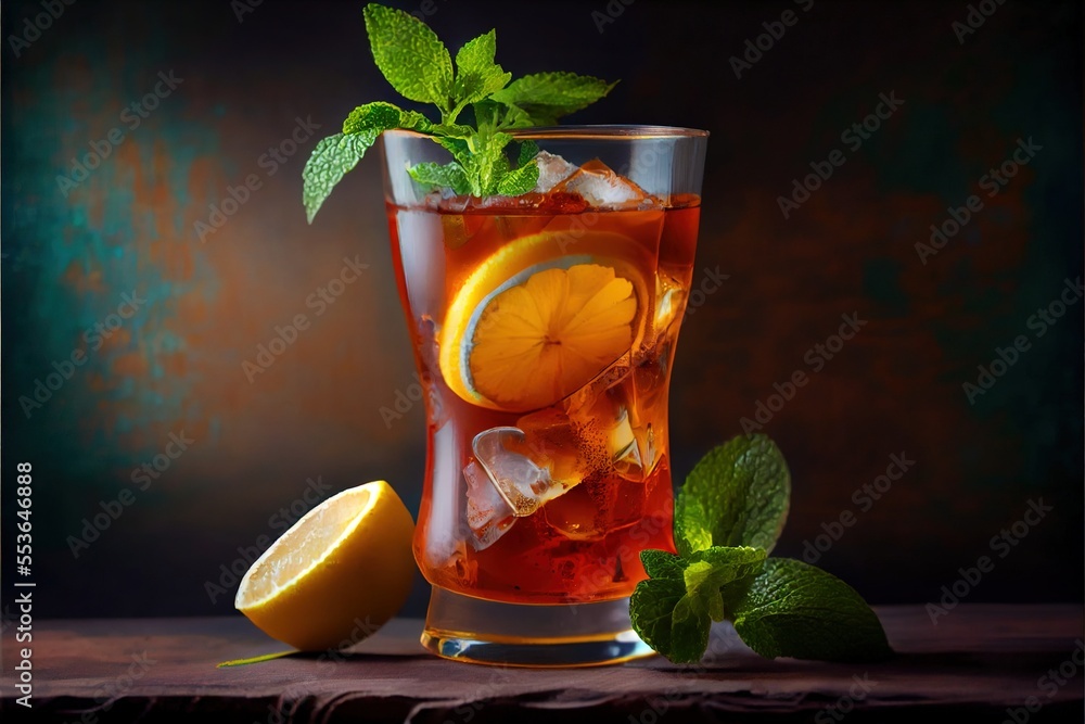 Poster a glass of tea with lemon and mint on a table with a slice of lemon and mint on the side. generative