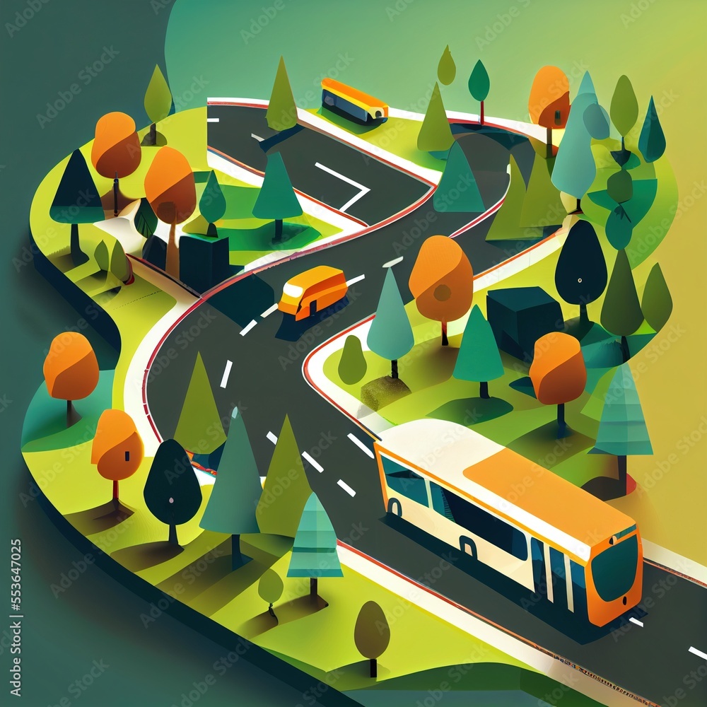 Poster a bus is driving down a road in a cartoon style with trees and a bus stop on the side. generative ai
