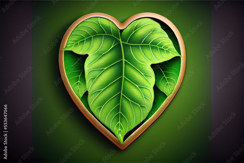 Poster a heart shaped frame with a leaf inside of it on a green background with a black border around it. g
