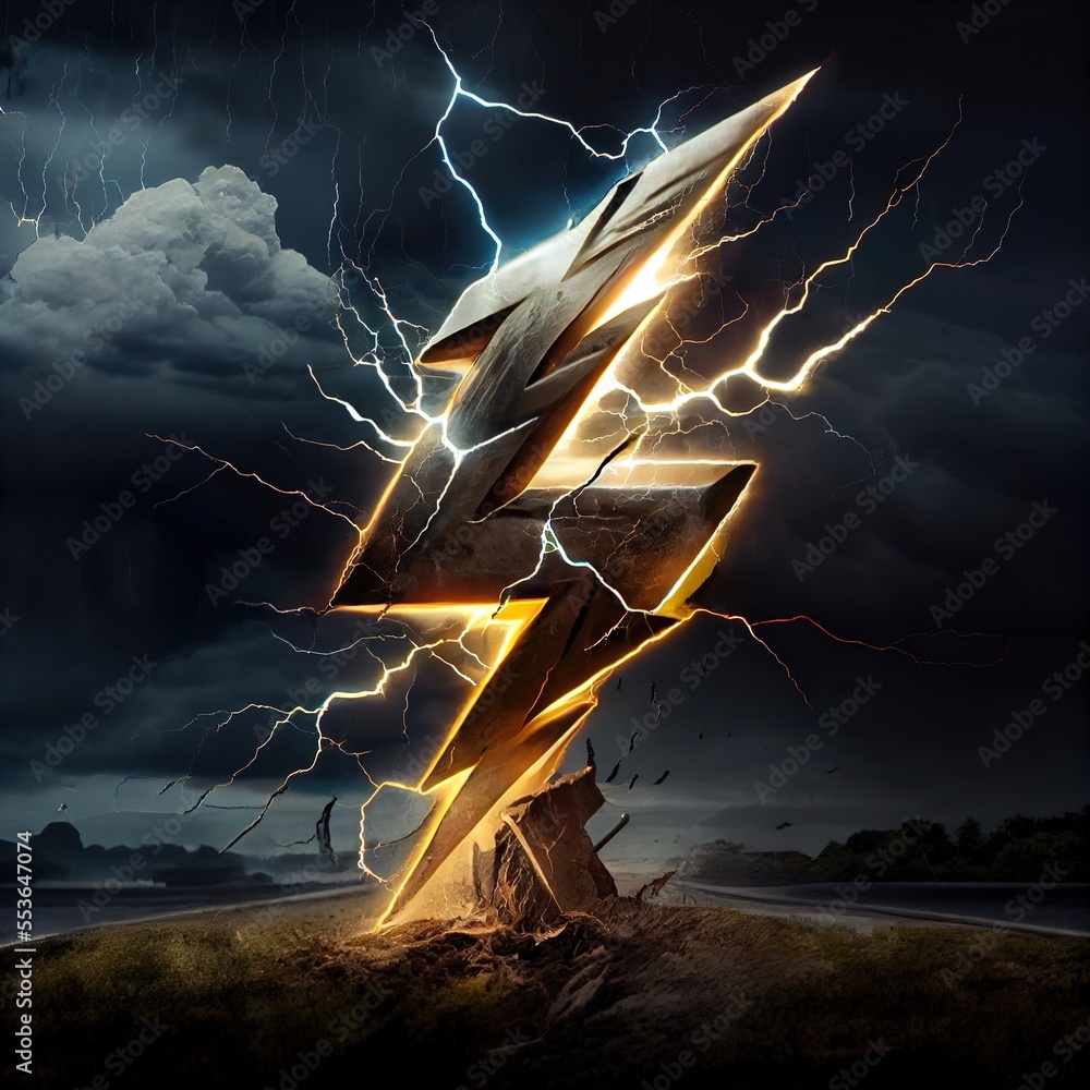 Poster a lightning bolt is shown in the middle of a dark sky with clouds and lightning bolt in the middle. 