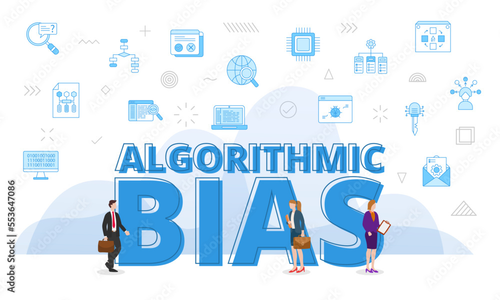 Poster algorithmic bias concept with big words and people surrounded by related icon spreading with modern 