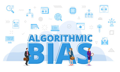 algorithmic bias concept with big words and people surrounded by related icon spreading with modern blue color style