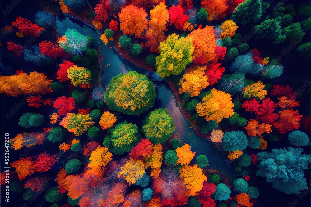 Poster a river surrounded by trees with colorful leaves on it's sides and a river running through the cente