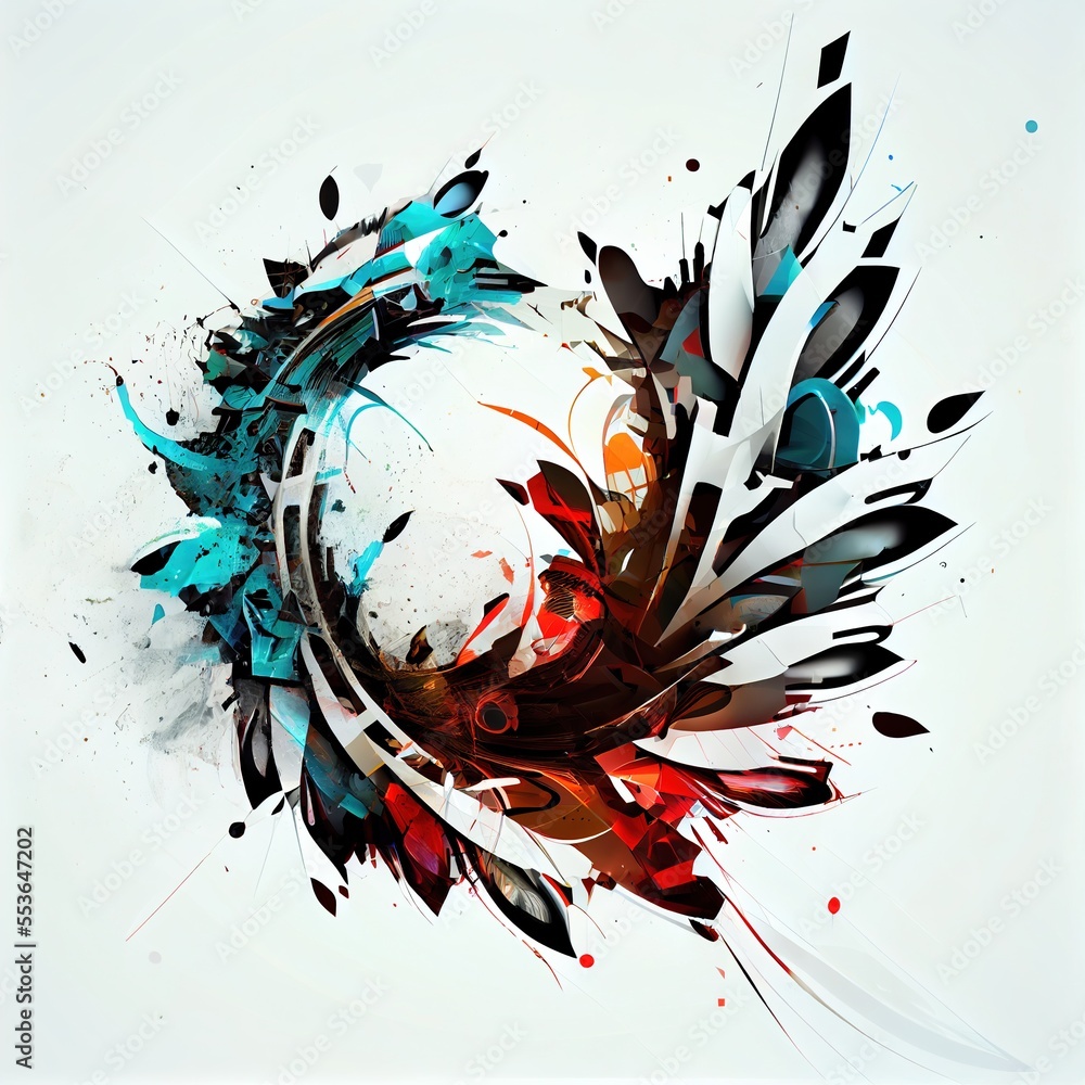 Poster a painting of a circular object with a lot of paint splatters on it and a circular object with a lot