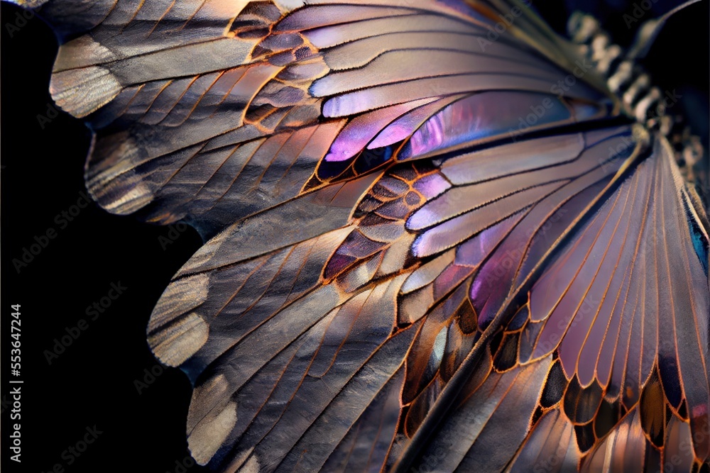 Poster a close up of a butterfly wing with a black background and a purple background with a gold and purpl