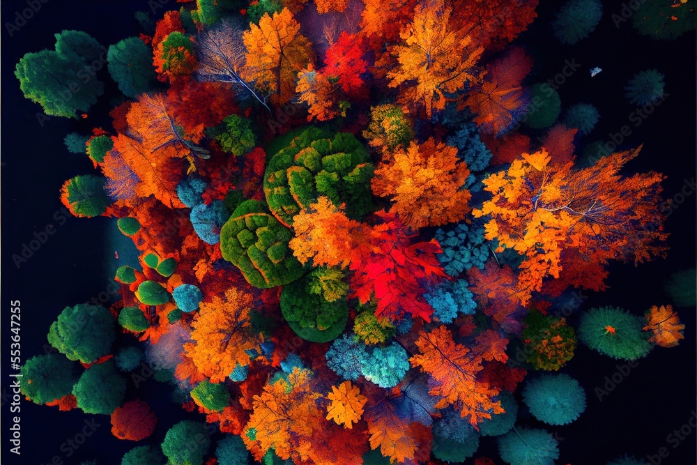 Poster a colorful aerial view of a forest with lots of trees and leaves in autumn colors. generative ai