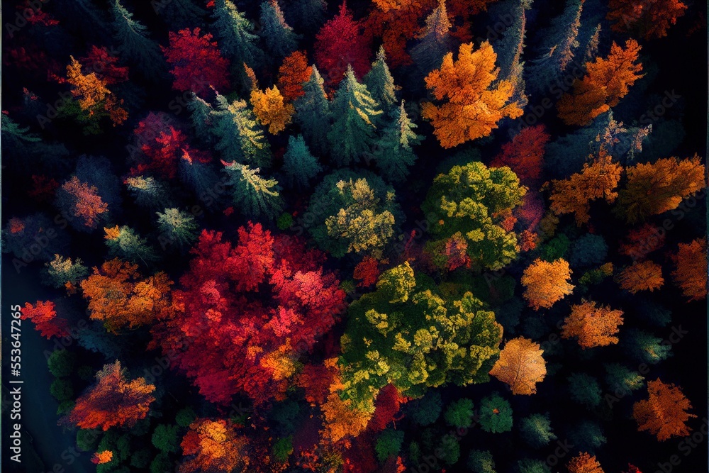 Poster a group of trees with different colors and sizes in the middle of the picture. generative ai