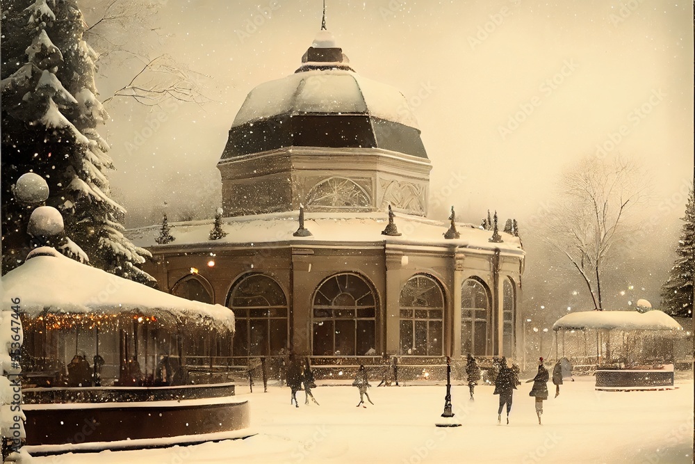 Poster a building with a clock tower and a lot of snow on the ground and people walking around it in the sn