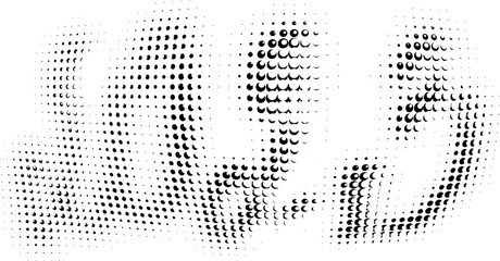 Halftone silhouette of 2023 appearing (disappearing) with beads, coins, droplets. Vector.