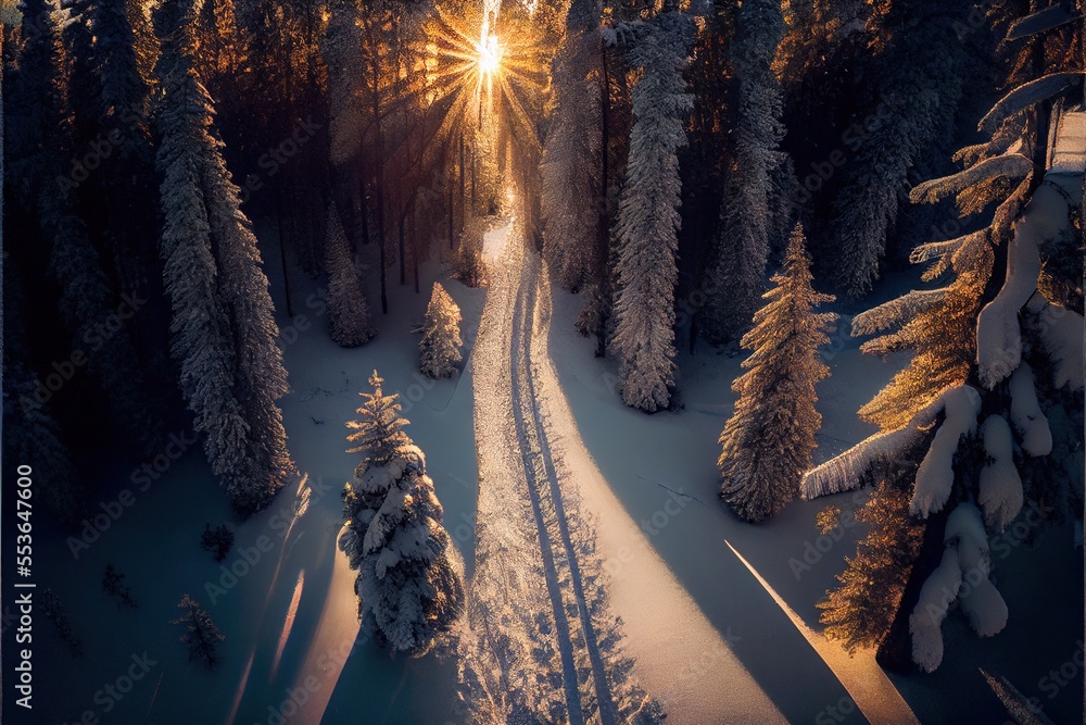 Poster a snowy road in the middle of a forest with trees and sun shining through the trees on the side. gen