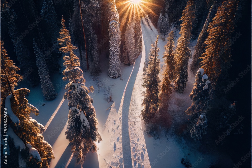 Poster a sun shines brightly over a snowy forest with trees and tracks in the snow. generative ai