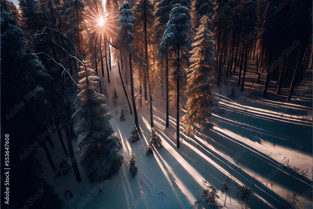 Poster a sun shines through the trees in a snowy forest area with snow on the ground and trees on the groun
