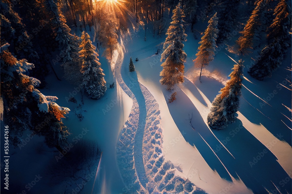 Poster  a snowy landscape with a path in the middle of it and trees in the background. Generative AI