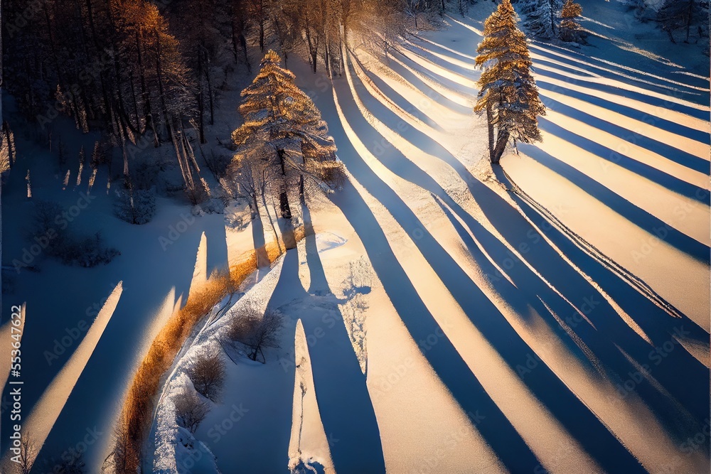 Poster a snow covered field with trees and a trail in the middle of it with long shadows on the snow. gener