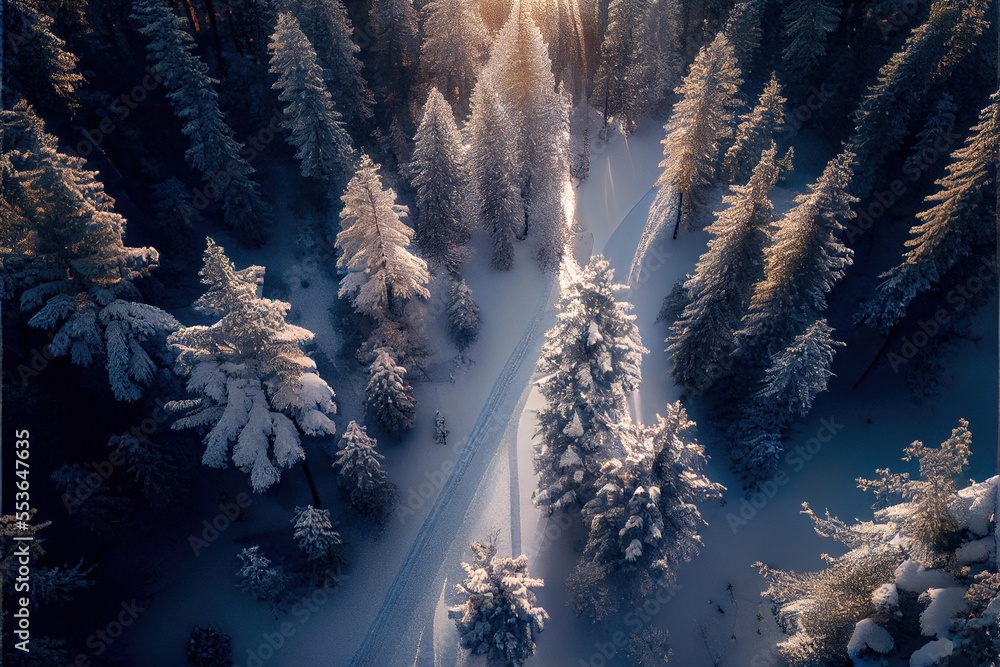 Poster a road in the middle of a snowy forest with trees on both sides of it and a sun shining through the 