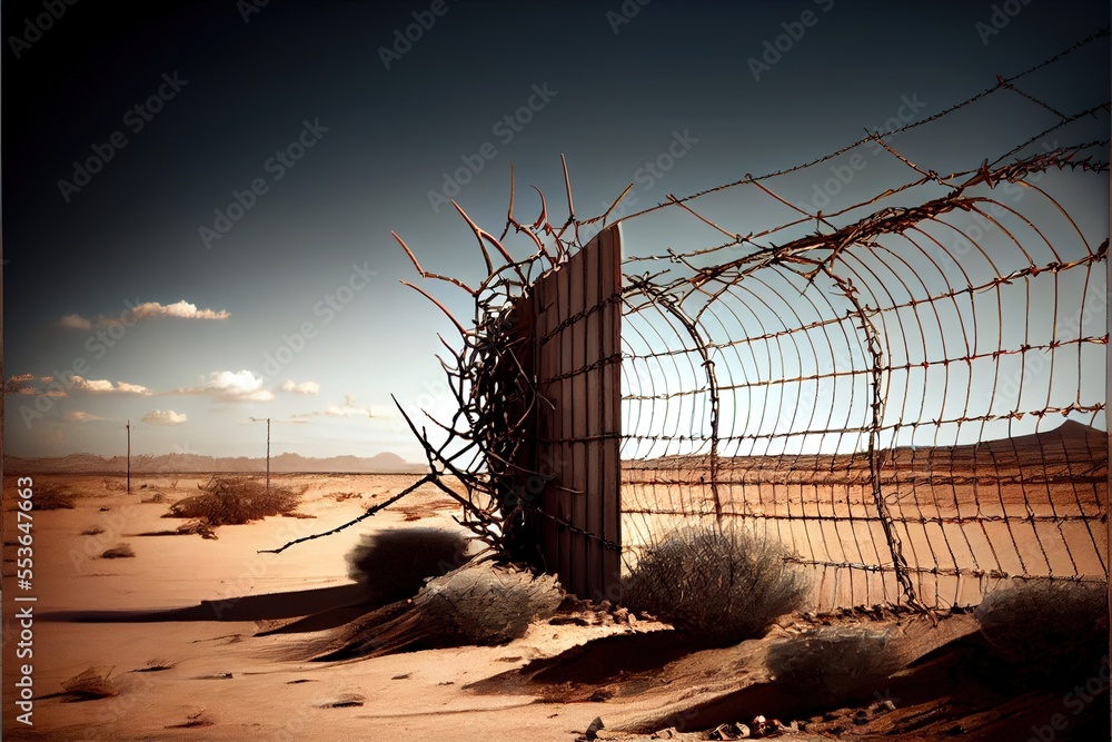 Poster a fence with barbed wire in the desert with a sky background and clouds in the distance. generative 