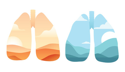 Fototapeta premium Vector set of silhouettes of human lungs with nature landscape inside. Collection of human body organ with nature