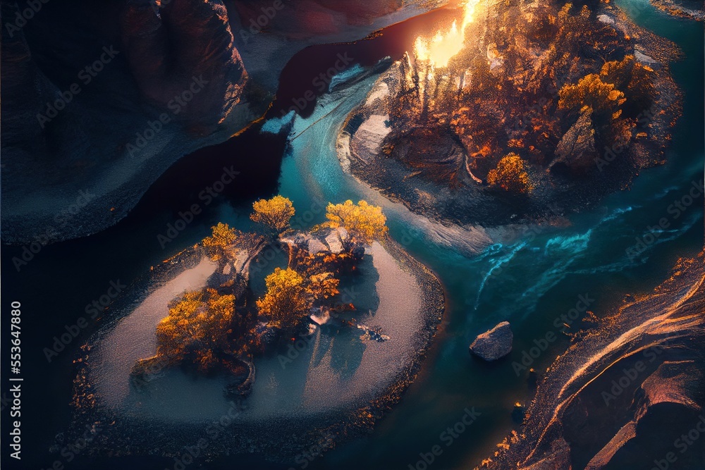Poster  a river flowing through a lush green forest next to a forest covered in trees and rocks with a sun shining through the trees. Generative AI