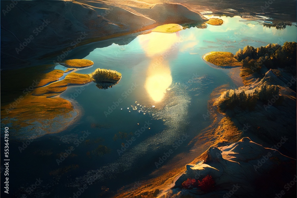 Aufkleber a painting of a river with a sun setting in the background and some trees in the foreground and a mo
