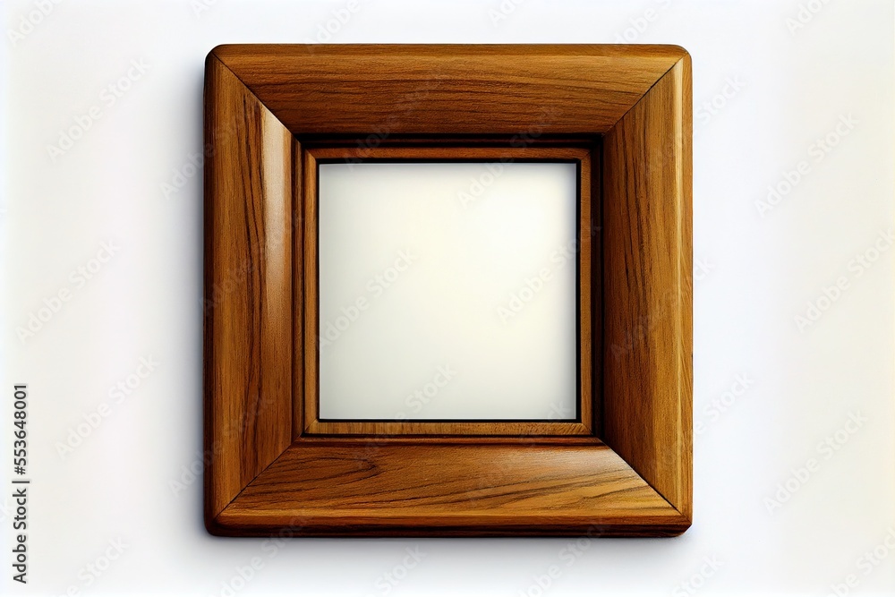 Poster a wooden frame with a white background in the middle of it. generative ai