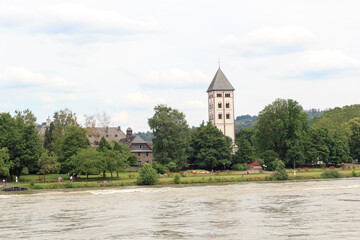 Fototapeta na wymiar Church Johanniskirche with tower at the riverside of river Rhine in Koblenz, Germany