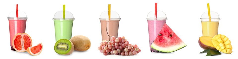 Set of different tasty bubble tea with fruits on white background