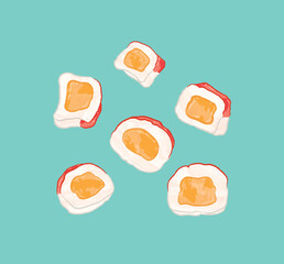 Different angle views of fish eggs kamaboko in flat vector illustration