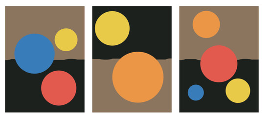collection of modern simple minimalistic abstractions in dark shades with colored geometric shapes (circles) on the background