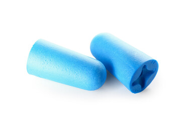 Blue ear plugs on white background