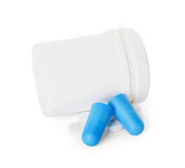 Jar with pills and ear plugs on white background