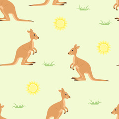 Kangaroo seamless pattern. Vector baby background with cute, funny wallabies. Cartoon illustration of an Australian animal.