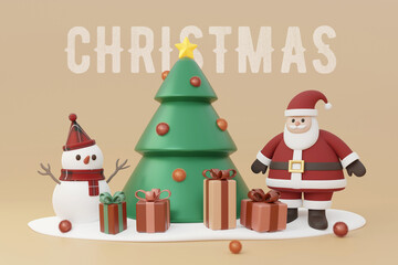 3D Santa Claus and snowman with gifts box around the Christmas trees. 3d render Xmas banner. Merry Christmas and Happy New Year festive concept.