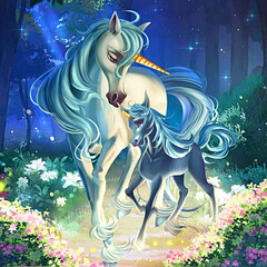 illustration of a mother unicorn and her cub walking in the park at night 