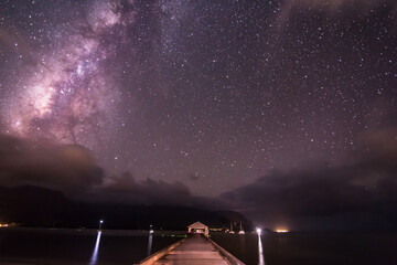 Hanalei Pier Kauai under the milky way night sky - Powered by Adobe