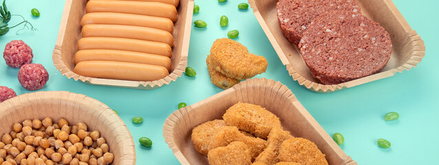 Variety of plant based meat. Plant based vegetarian alternative meat products