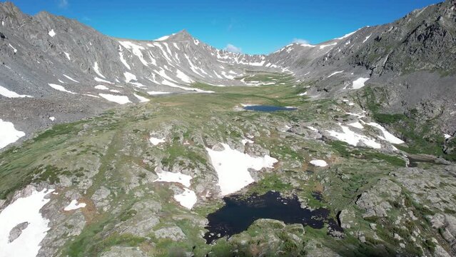 Aerial View Small Lakes in Valley Under Hills of Tenmile Mountain Range, Colorado USA