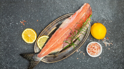 red fish, fresh fillet of salmon or trout steak, banner, menu, recipe place for text