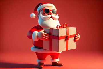 Happy Santa Claus wearing sunglasses and holding a gift box on red background image created with Generative AI technology.