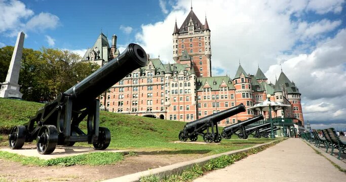 Military cannons line the Dufferin Terrace  boardwalk by the Frontenac Hotel in Quebec City Canada