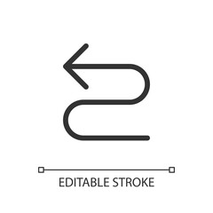 Left winding road arrow pixel perfect linear ui icon. Road sign. Finding route. GUI, UX design. Outline isolated user interface element for app and web. Editable stroke. Arial font used