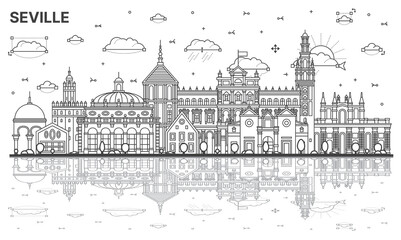 Naklejka premium Outline Seville Spain City Skyline with Historic Buildings and Reflections Isolated on White.