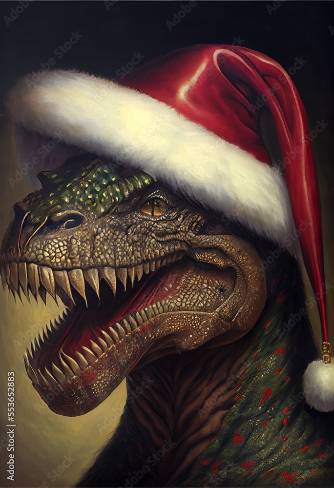 Wall mural generative ai abstract render of a t-rex as santa claus