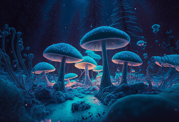 Fototapeta na wymiar a mushroom winter wonderland fill will snow covered bioluminescent glowing mushroom forest. Generative AI