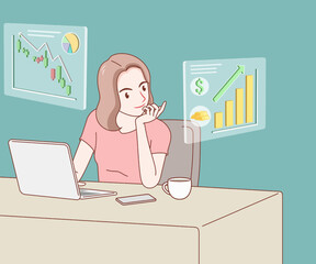 smiling long hair woman wearing t shirt sitting and working using laptop on table she is looking at a graph showing information about money, gold and the stock market. work from home.
